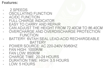 Sonashi 16Inch Rechargable Ocillating Fan SRF-116